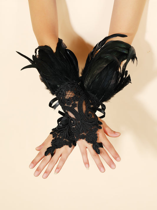 Party Prom Feather Hook Finger Embroidered Gloves