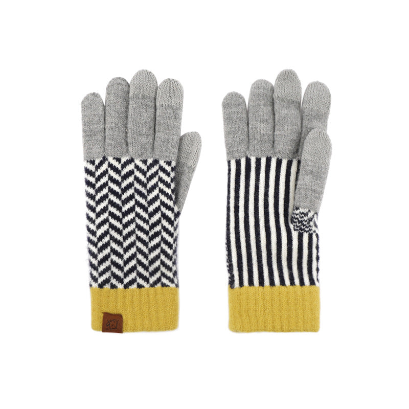 Color Knitted Retro Jacquard Fleece Lining Cycling Gloves