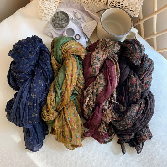 Women's Retro Soft Small Floral Vintage Cotton Linen Summer Scarfs