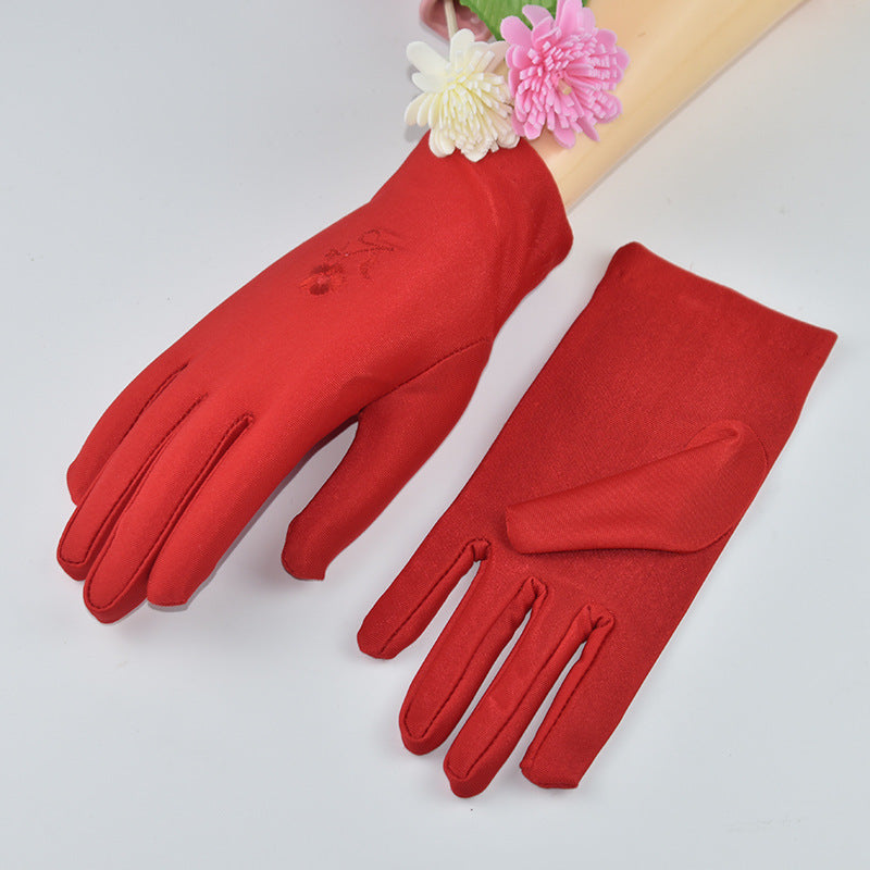 Women's Thin Type Sunscreen Short Embroidered Driving Spandex Stretch Black Gloves