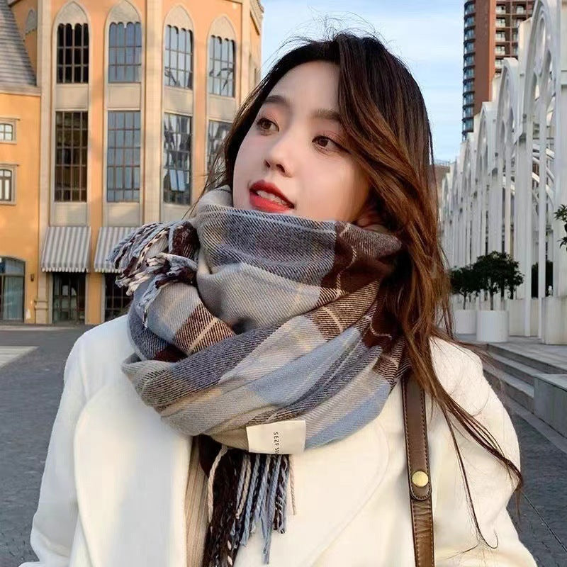 Women's Korean Versatile Plaid Tassel Winter Warm Scarfs