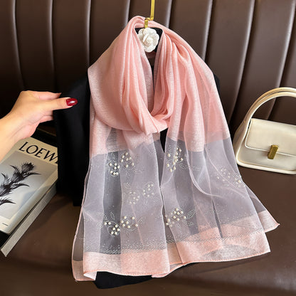 Women's Emulation Silk Hot Rhinestone Pearl Flower Scarfs