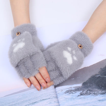 Flip Plush Cute Cat's Paw Fingerless Gloves