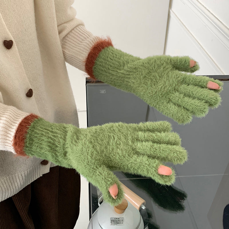 Plush Open Finger Touch Screen Five Female Winter Gloves