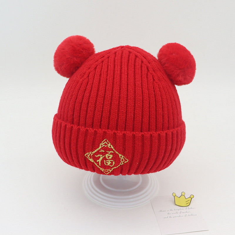 Warm Chinese Style Red Woolen Worship Festive Male Kids' Headwear