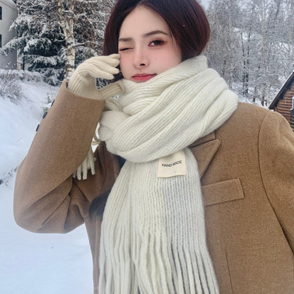 Women's Knitted Wool Winter Solid Color White Scarfs