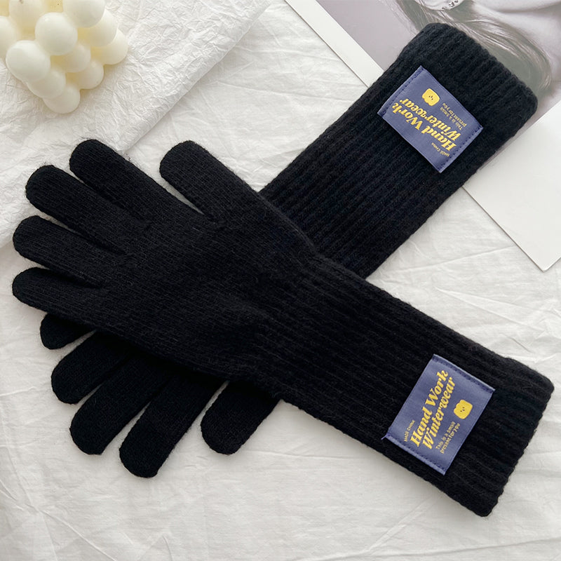 Women's Korean Style Solid Color Labeling Long Knitted Wool Finger Gloves