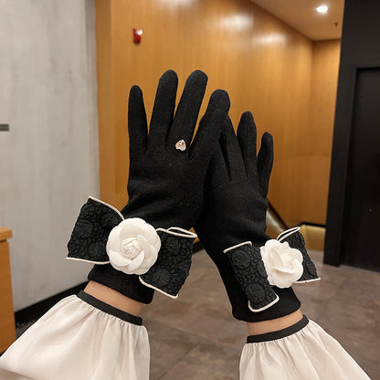 Women's Bow Camellia Elegant Cashmere Finger Fleece Lined Gloves