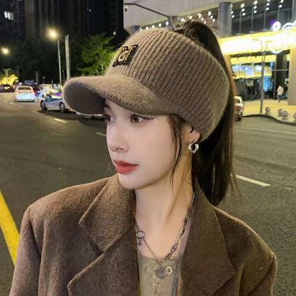 Women's Top Wool Peaked Exposed Ponytail Korean Hats & Caps