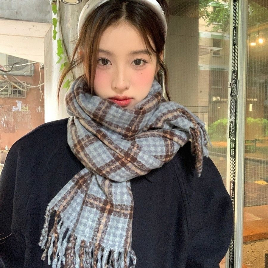 Women's Mohair Winter High-grade Plaid Artificial Cashmere Lovers Wild Warm Scarfs