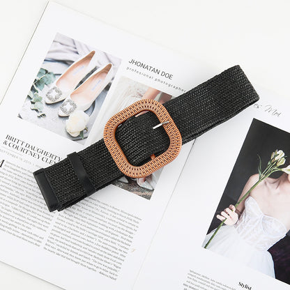 Women's Straw Woven Round Square Buckle Dress Belts