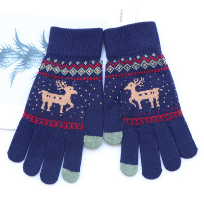 Female Deer Jacquard Fleece Lining Thickened Mobile Phone Gloves