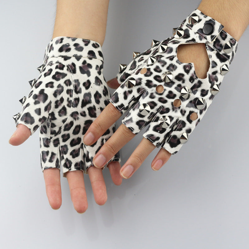 Women's Dancing Half Finger Leather Ding Design Fashion Punk Gloves