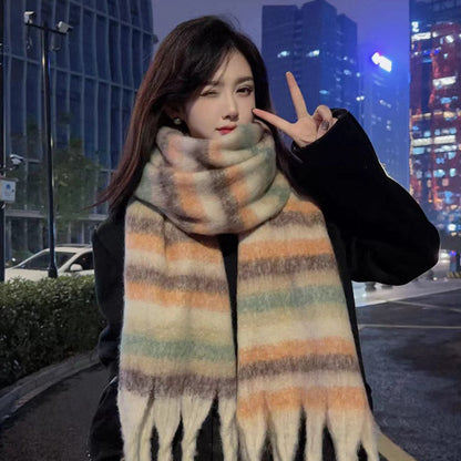 Style Thick Black White Colorful Warm Tassel Scarfs