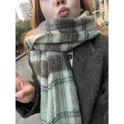 Women's & Men's Thickened Mint Green Coffee Color Plaid Mohair Warm Scarfs