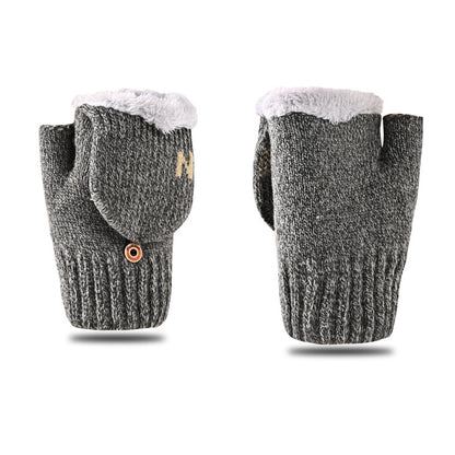 Men's Flip Letter Winter Fleece-lined Thickened Fingerless Knitted Gloves