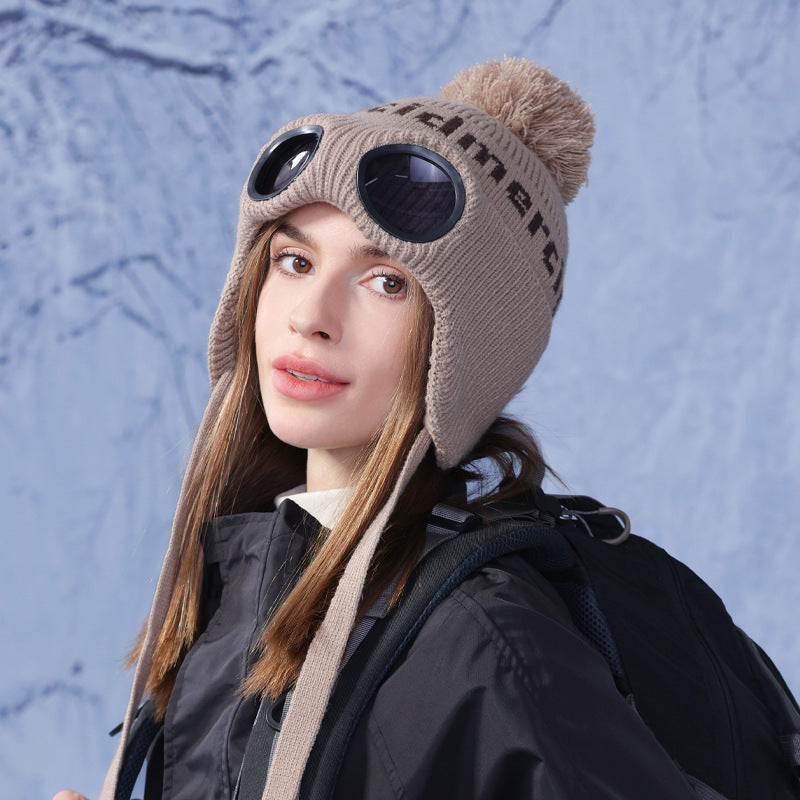 Women's Knitted Fur Ball With Glasses Woolen Outdoor Warm Hats & Caps