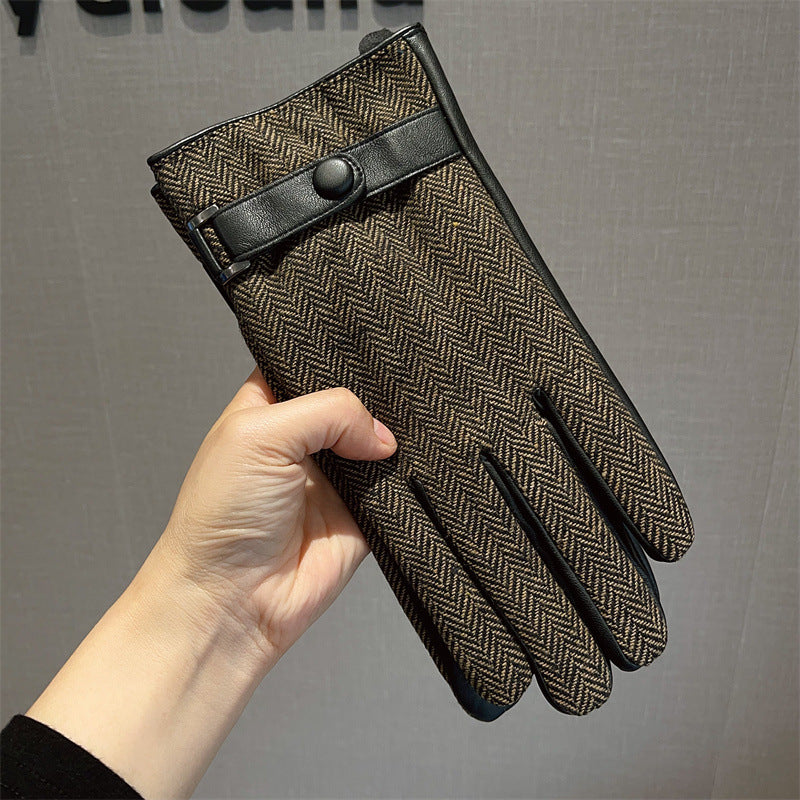 Men's Leather Patchwork Plaid Thermal Fleece-lined Thickened Gloves