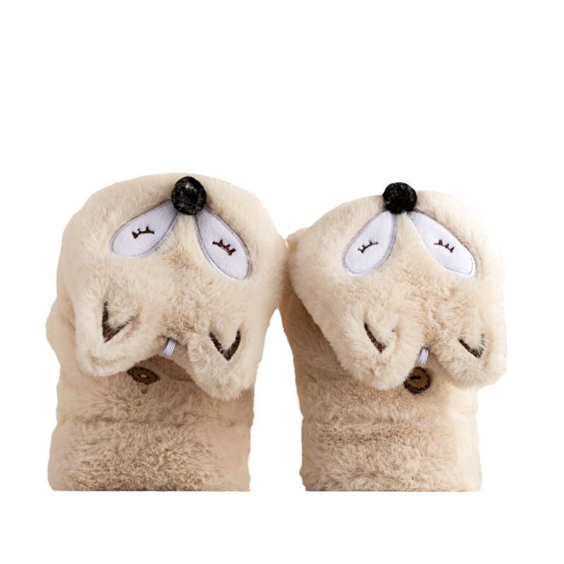 Fleece-lined Thickened Cartoon Cute Korean Style Little Fox Open Gloves