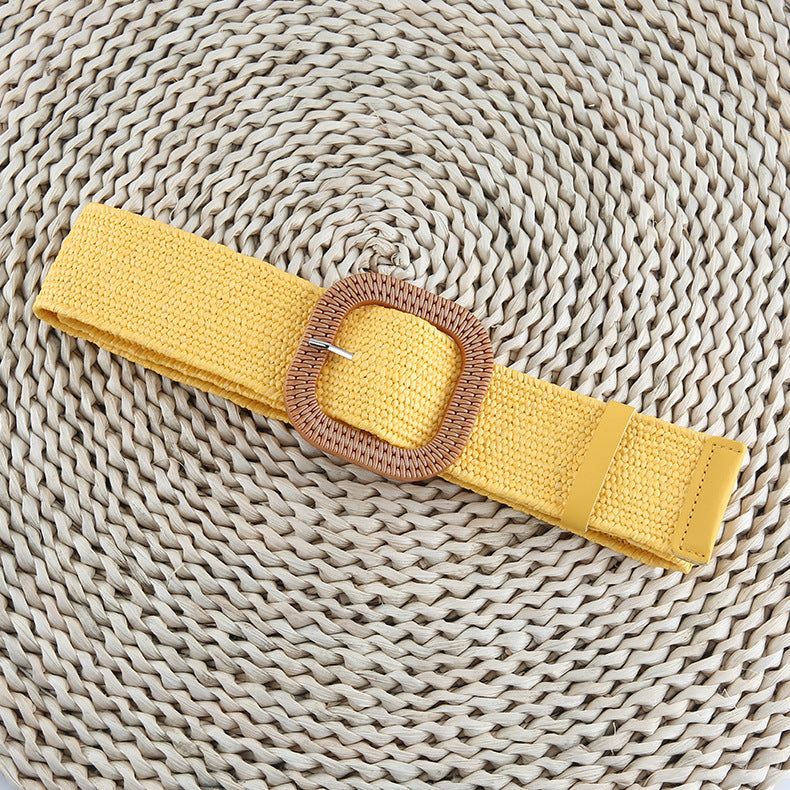 Women's Straw Woven Round Square Buckle Dress Belts