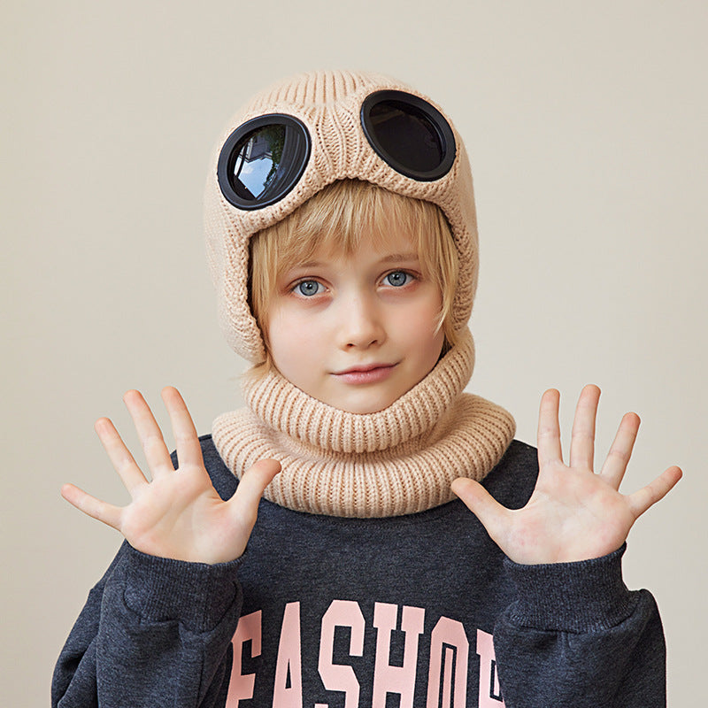 Children's Two-piece Set Winter Fleece-lined Earflaps Woolen Knitted Sleeve Kids' Headwear