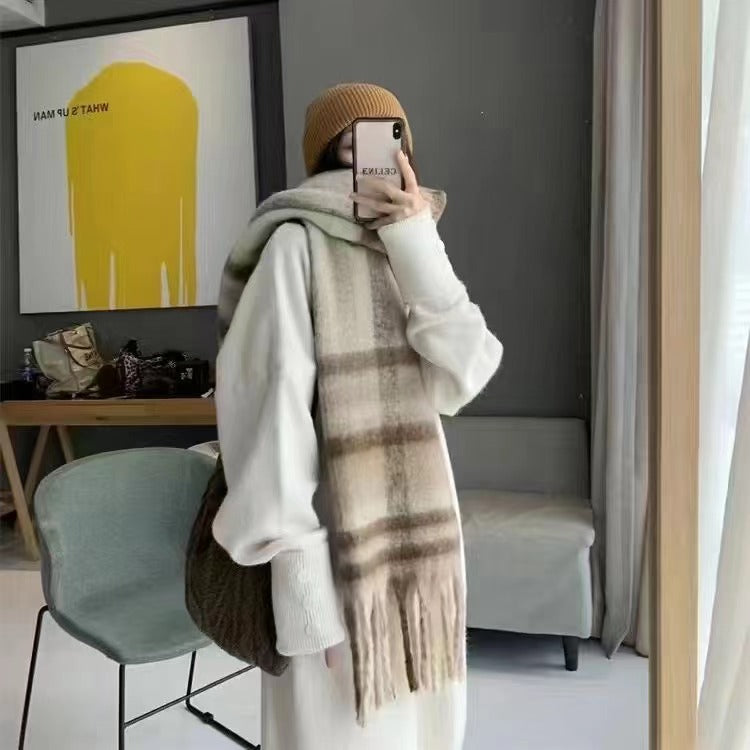 Women's Mohair Plaid Soft Glutinous Warm Thickened Scarfs