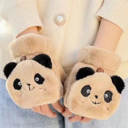 Women's Half Finger Korean Cute Cartoon Flip Fleece-lined Thickened Gloves