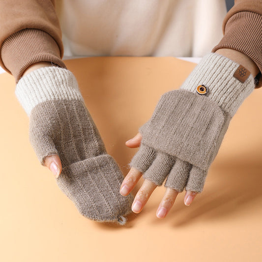 Women's Half Finger Flip Knitted Winter Cute Fleece-lined Outdoor Warm Gloves