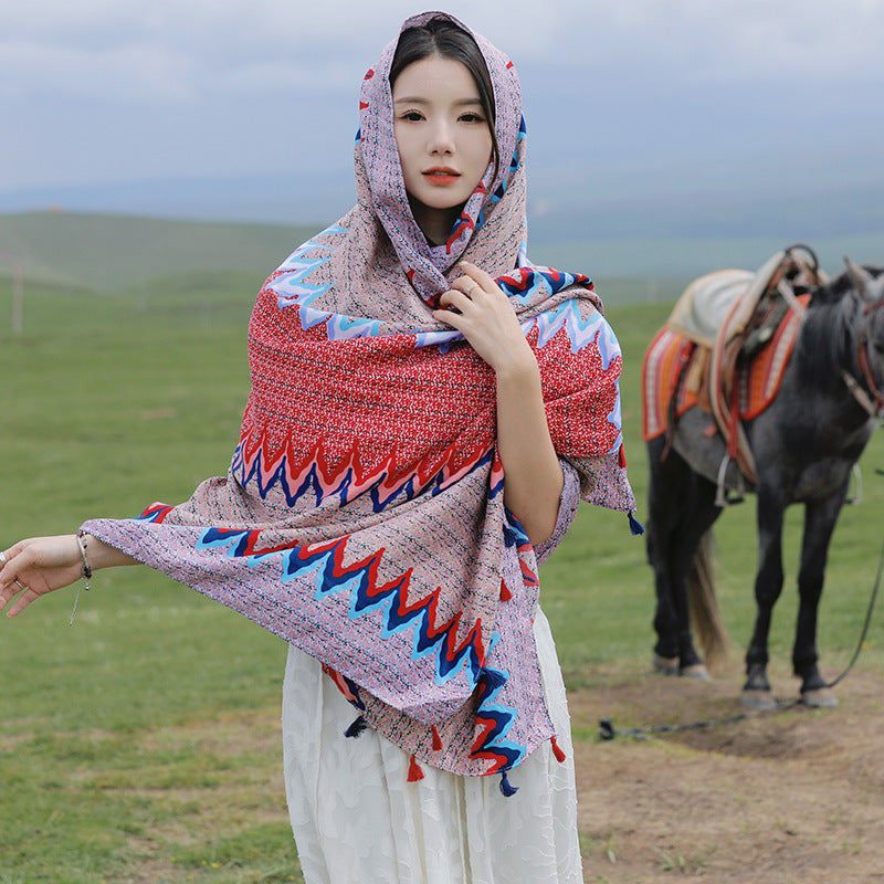 Women's Sunscreen Shawl Yunnan Grassland Travel Wear Silk Seaside Scarfs