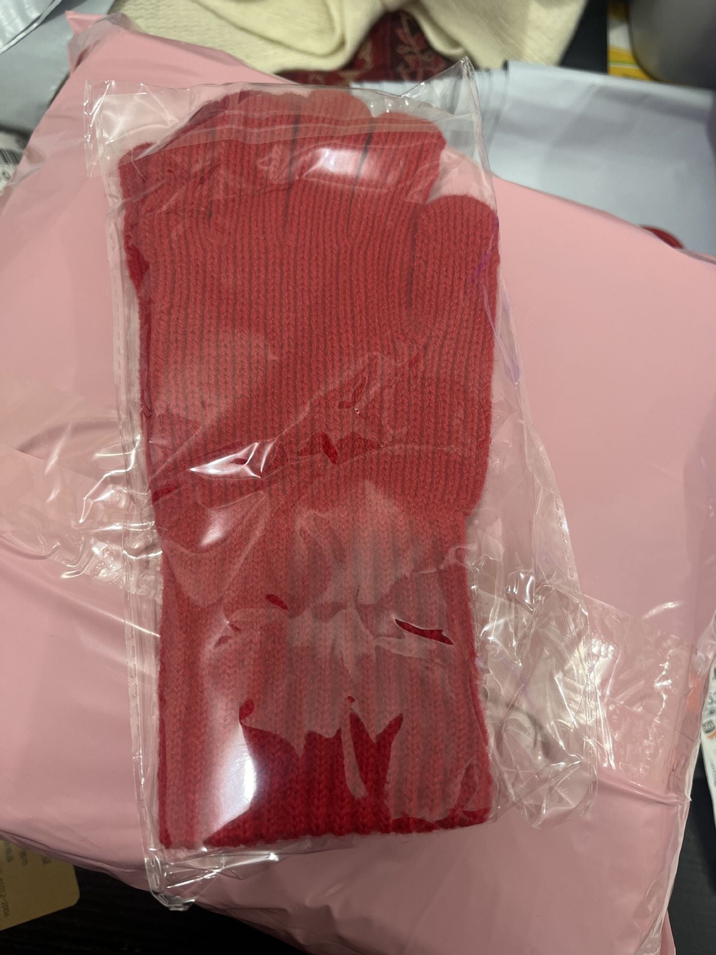 Women's Woolen Knitted Labeling Winter Warm Red Open Gloves