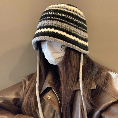 Women's Stripes Woolen Bucket Face Slimming Ear Hats & Caps