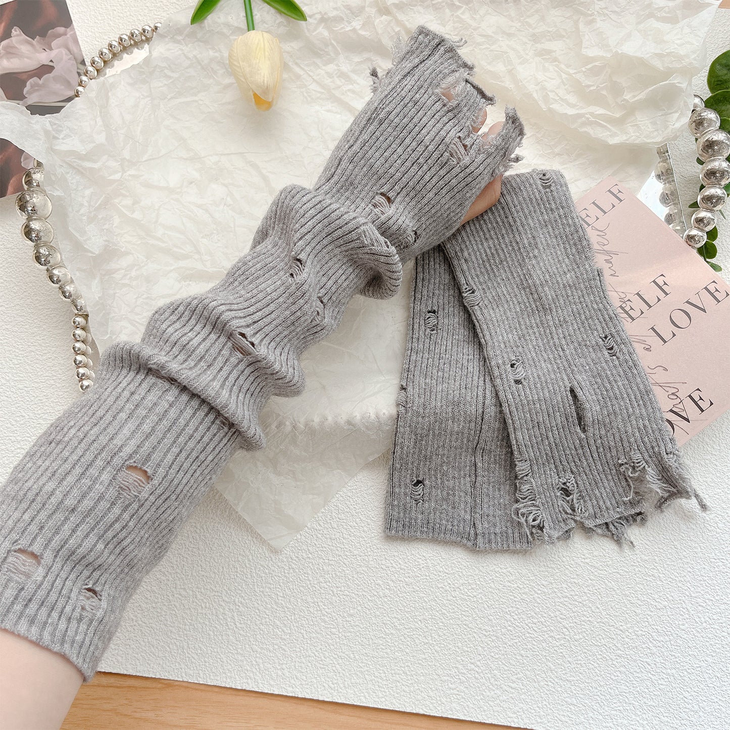 Hole Korean Fingerless Warm Arm Guard Gloves