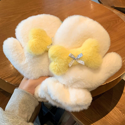 Winter Cute Plush Female Fleece-lined Thickened Finger Gloves