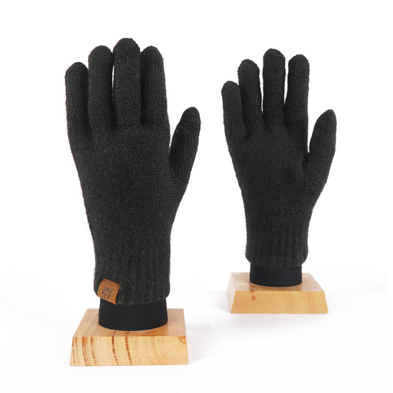 Wool Knitted Plaid Fleece-lined Thickened Cycling Five-finger Gloves