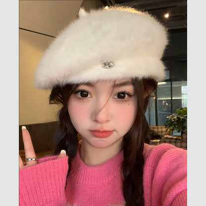 Plush White Beret Female Korean Style Elegance Hats & Caps