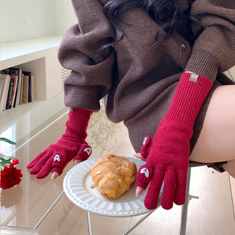 Love Embroidered Female Open Finger Touch Gloves