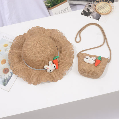 Children's Straw Hat Summer Sun Protection Bag Set Korean Style Kids' Headwear