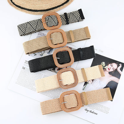 Women's Straw Woven Round Square Buckle Dress Belts