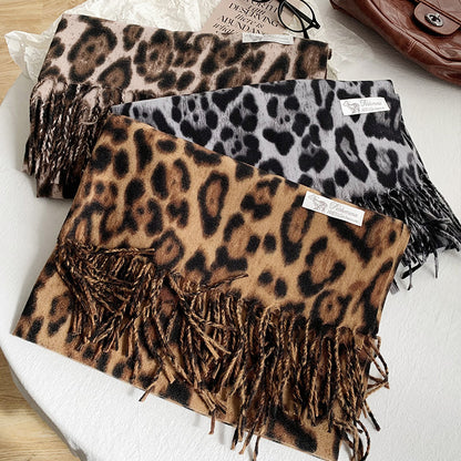 Women's Vintage Leopard Print Winter Design Tassel Scarfs