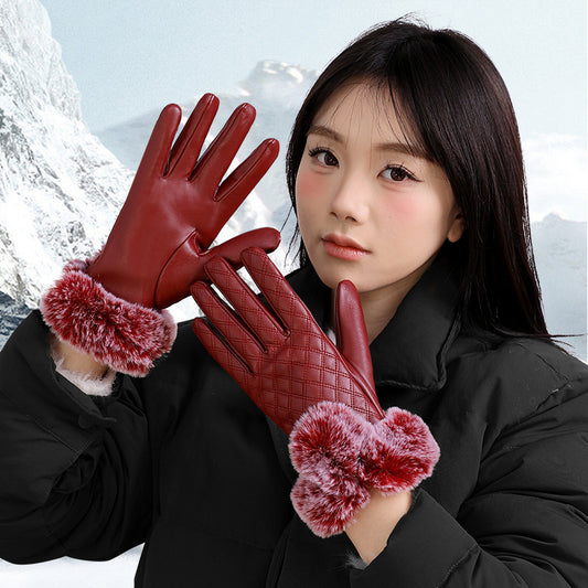 Women's Leather Touch Rex Rabbit Fur Mouth Gloves