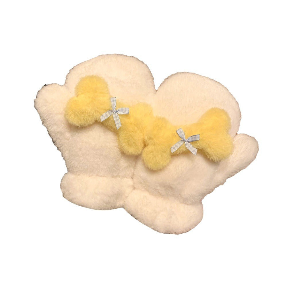 Winter Cute Plush Female Fleece-lined Thickened Finger Gloves