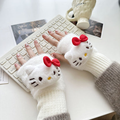 Half Finger Cartoon Knitted Bracers Thick Gloves