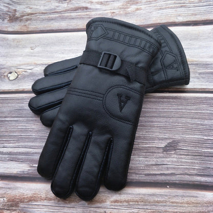 Men's Leather Thickened Version Long Veet Lining Warm Cycling Gloves