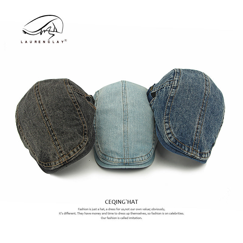 Women's & Men's Washed Denim Beret British Retro Advance Simple Casquette Hats & Caps