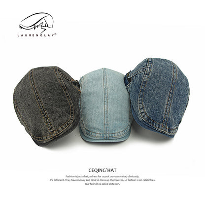 Women's & Men's Washed Denim Beret British Retro Advance Simple Casquette Hats & Caps