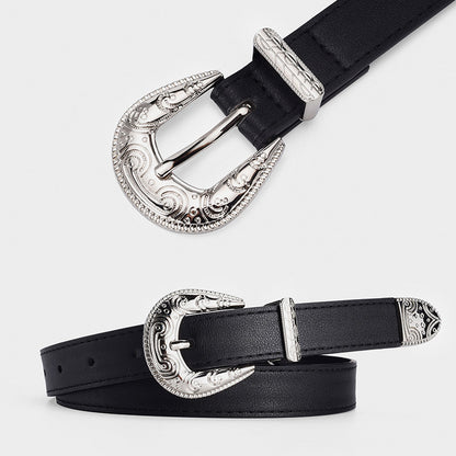 Women's Three-piece Set Sier Carved Buckle Decorative Jeans Belts