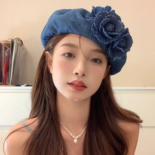 Women's Three-dimensional Flowers Denim Beret Trendy Fashionable Hats & Caps