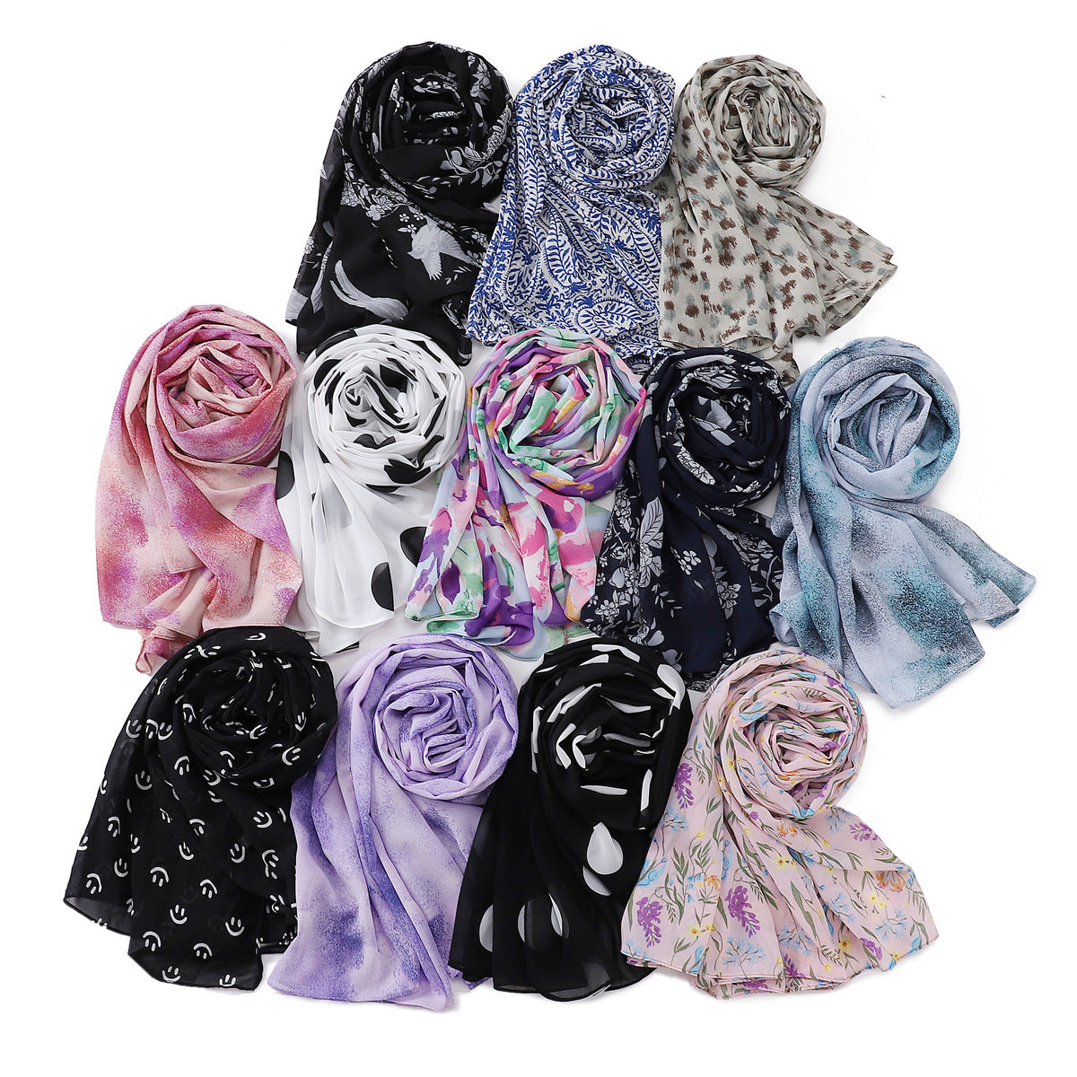 Women's Breathable Pearl Chiffon Print Collection Fashion Scarfs