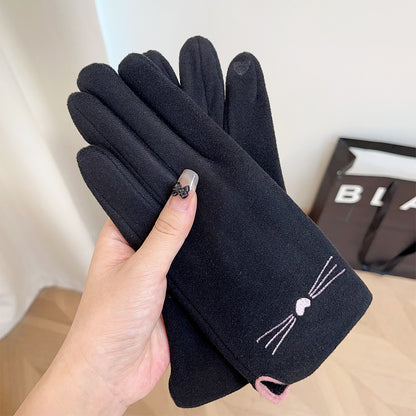 Women's Riding Windproof Fashionable Embroidered Cat Touch Screen Gloves