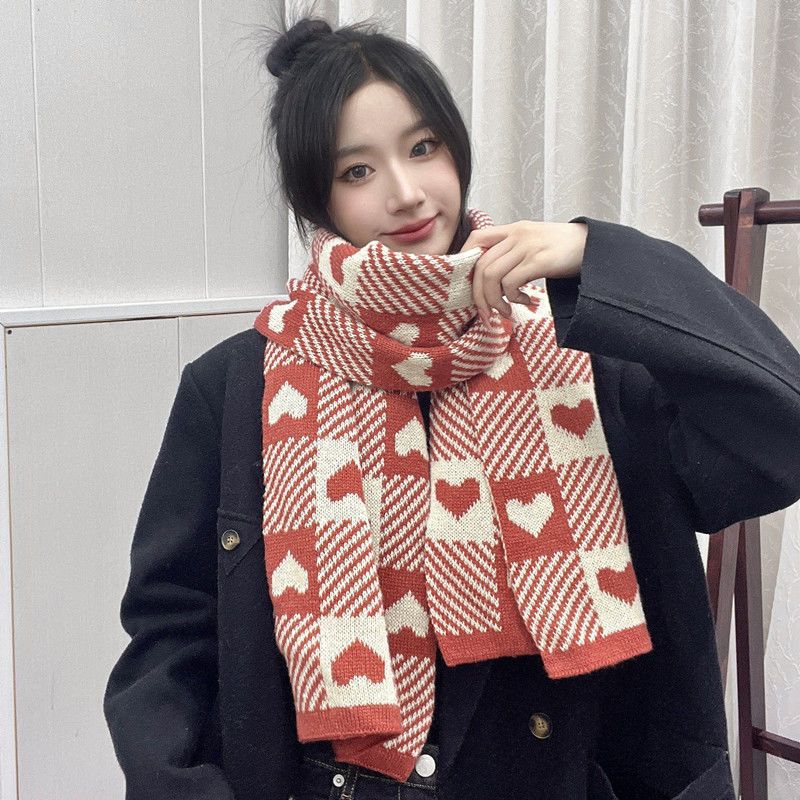 Women's Plaid Winter Korean Style Girlish Lovely Heart-shaped Days Knitted Scarfs